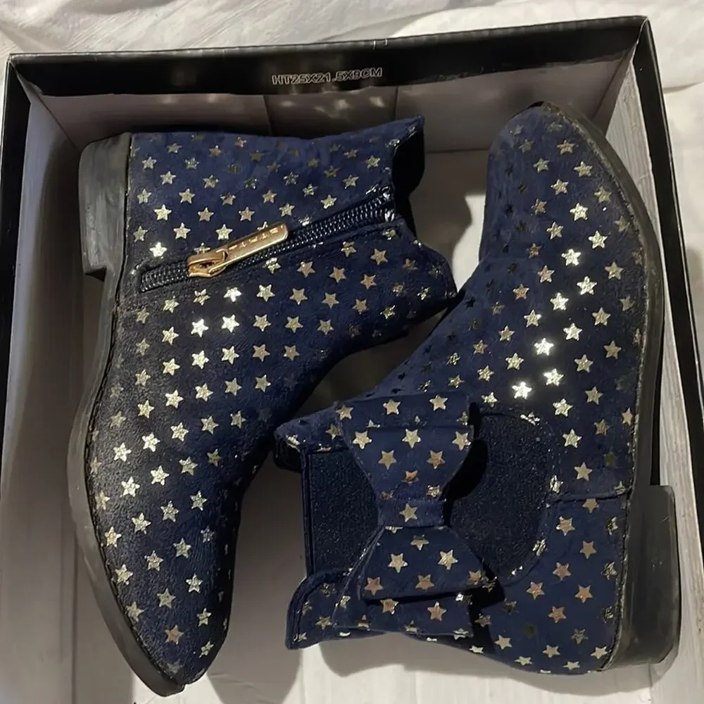 Tahari 12 navy blue gold stars ankle boots side zipper rubber soles guc fez